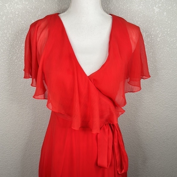 Asos Red Orange V-Neck Faux Wrap Flowy Whimsical Fairy Maxi Dress Size 4 - Picture 2 of 10